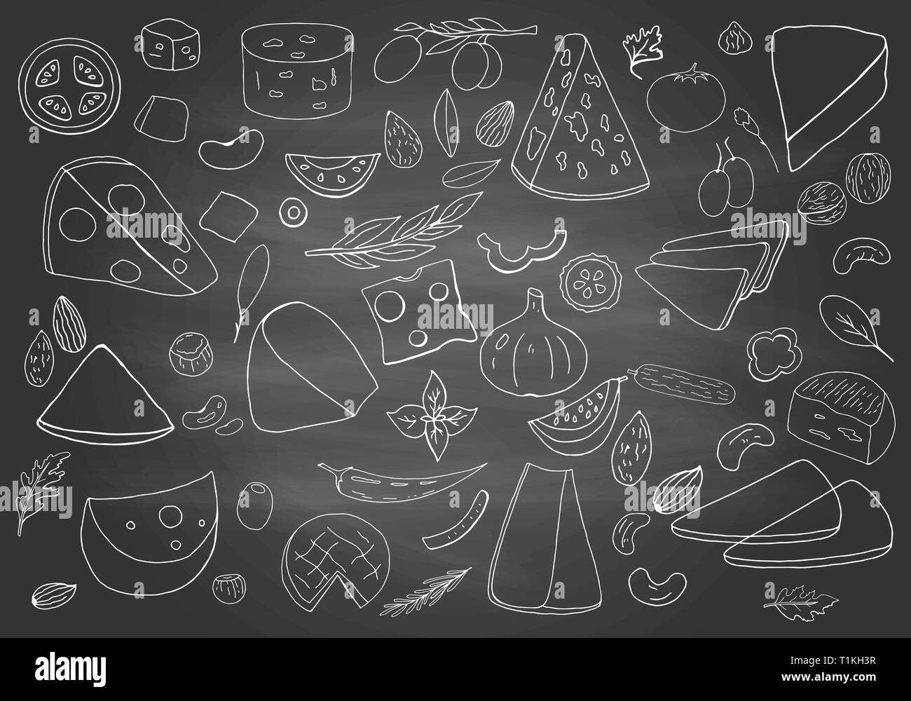 Vintage hand drawn different types of cheeses on chalkboard.  Stock Vector