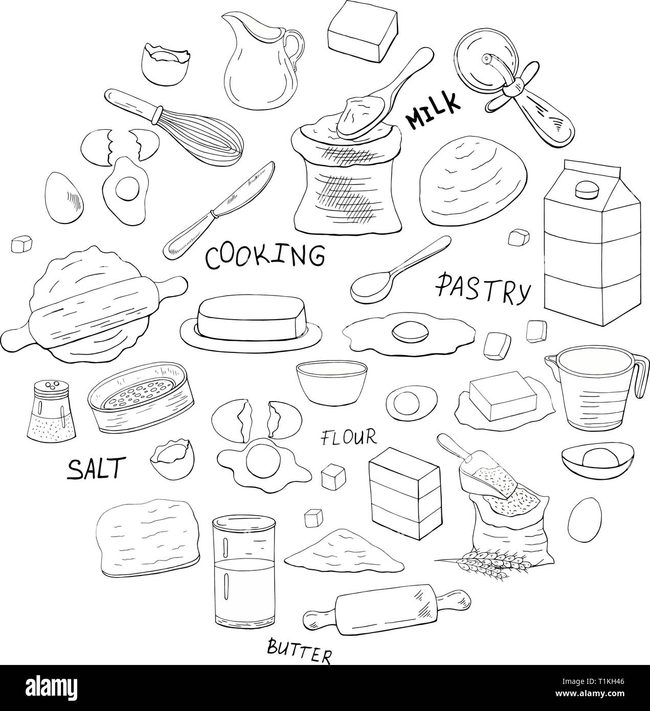 Different dough items and kitchen accessories in circle shape Stock Vector