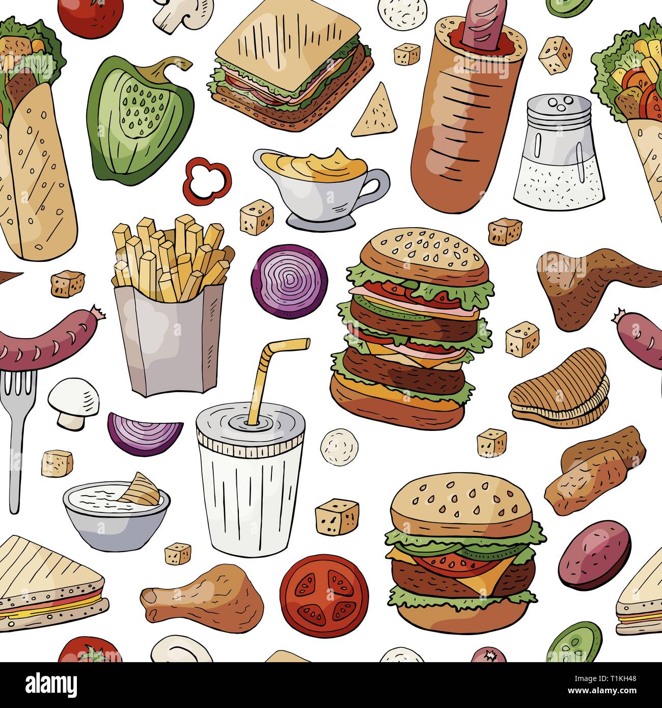 Seamless pattern with famous fast food and drinks colored on white background.  Stock Vector