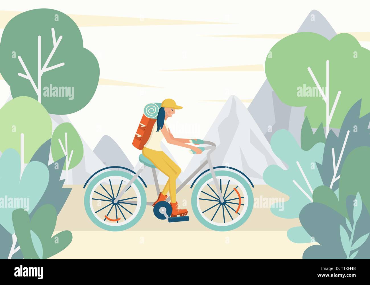 Girl riding a bike with a tourist backpack in the mountains Stock Vector