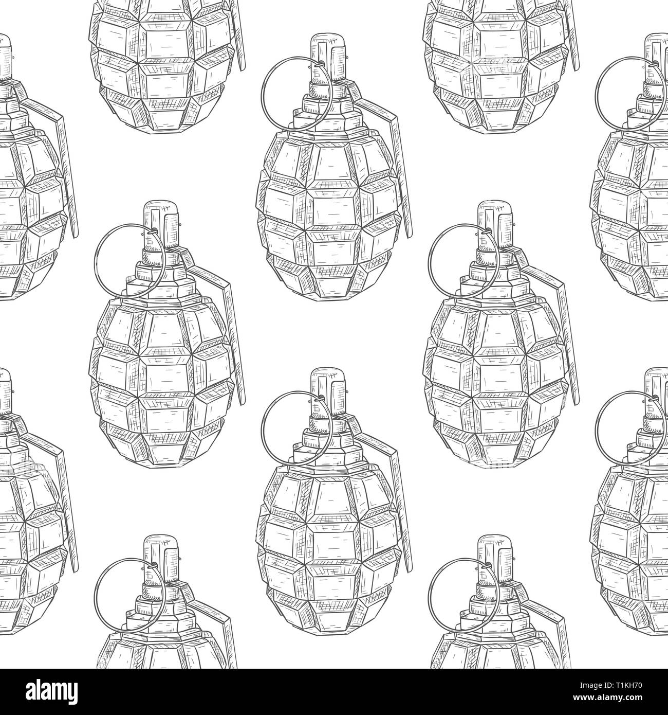 Military grenade. Hand drawn sketch. Seamless pattern background Stock Vector