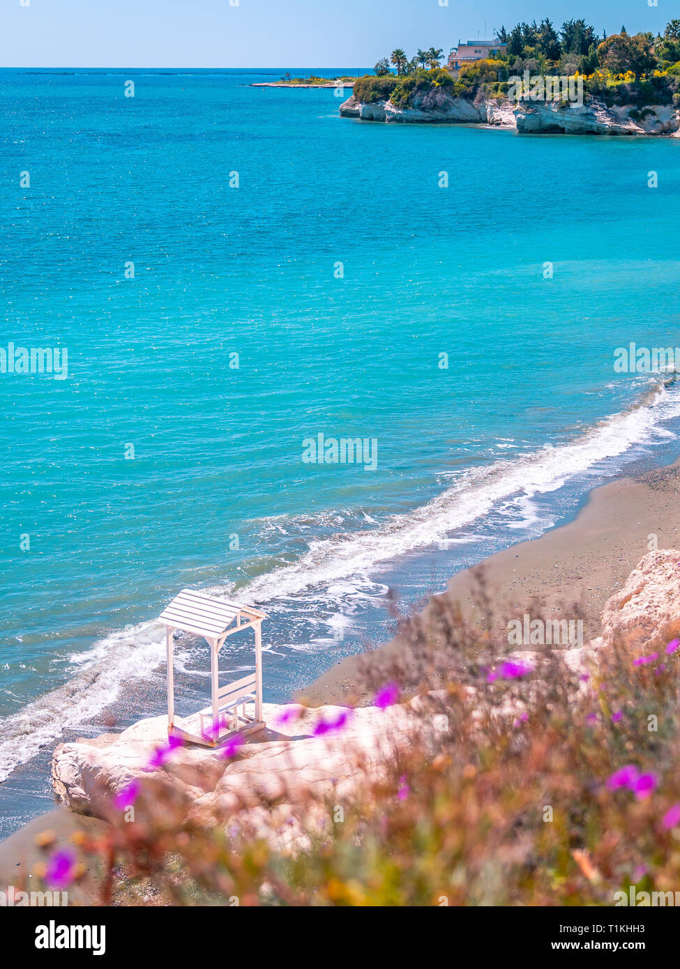Beautiful summer view over white cliffs and turquoise blue water sea at Governor's Beach near Limassol, Cyprus. Stock Photo