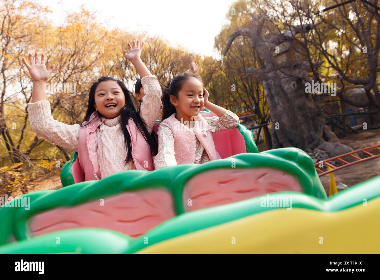 Two girls on a roller coaster Stock Photo Alamy