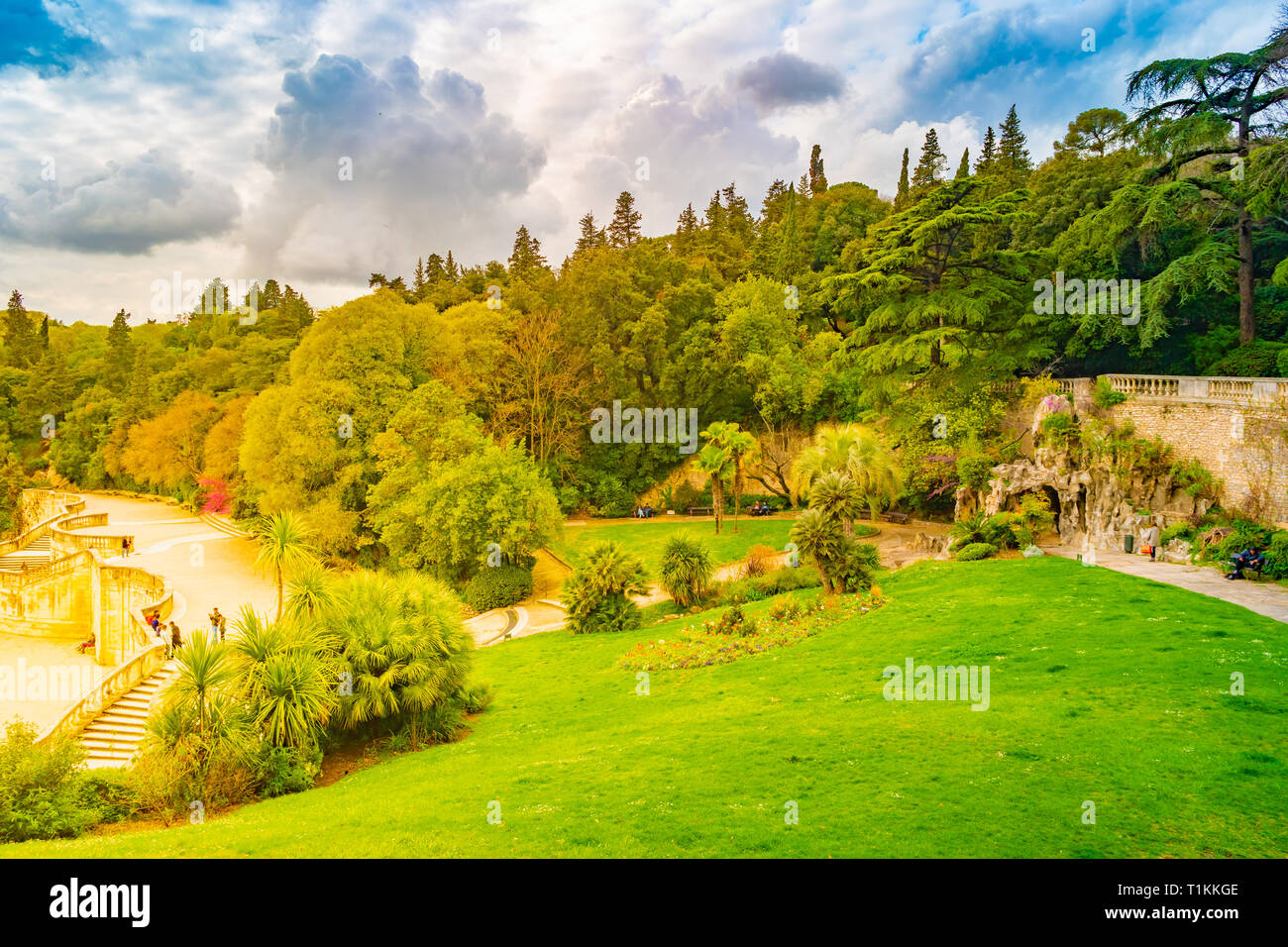 Aerial view of Jardin de la fontaine park and avenue Jean Jaures in Nimes France Stock Photo