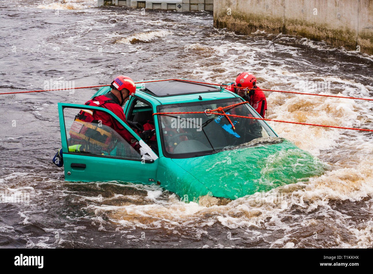 Humberside Fire and Rescue Service doing a river rescue training exercise at the Tees Barrage,Stockton-on-Tees,England,UK Stock Photo