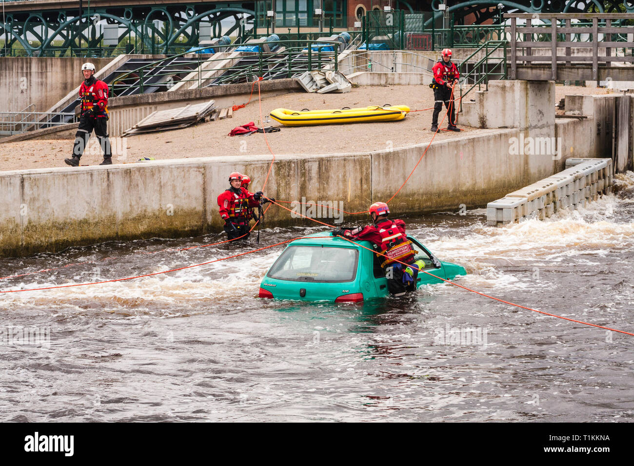 Humberside Fire and Rescue Service doing a river rescue training exercise at the Tees Barrage,Stockton-on-Tees,England,UK Stock Photo