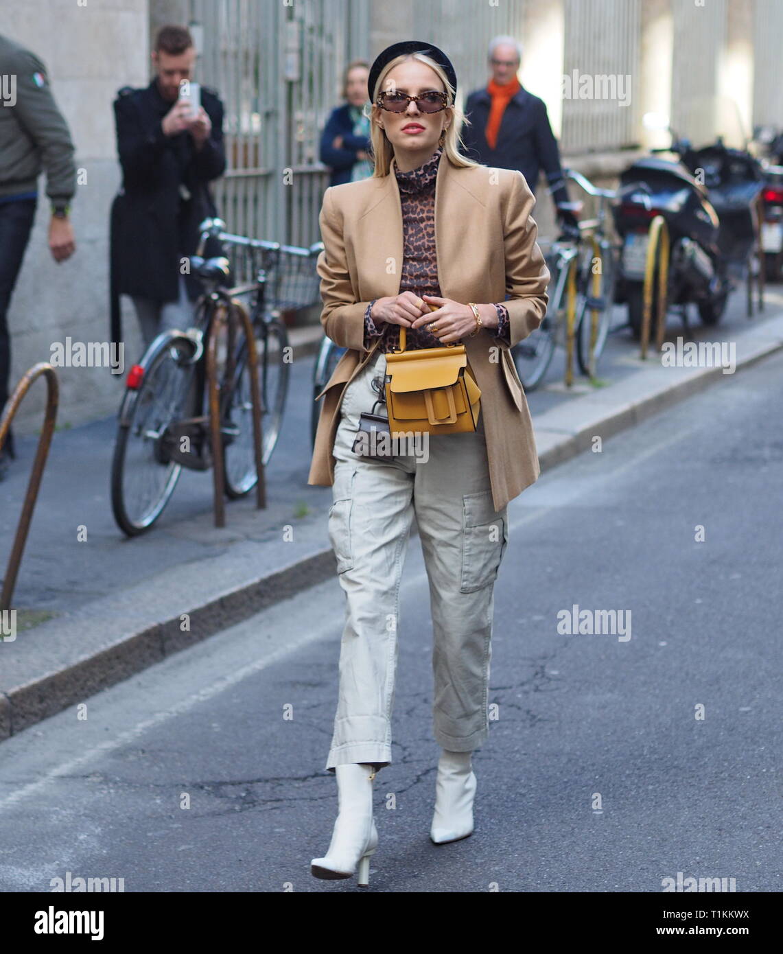 MILAN, Italy: 22 February 2019:Leonie Hanne street style outfit before BLUMARINE fashion show during Milan fashion week Fall/winter 20 Stock Photo