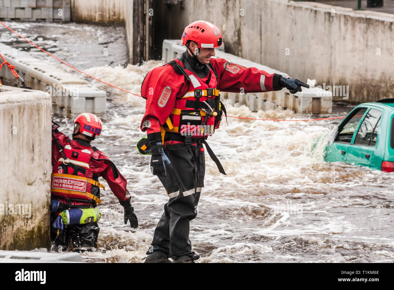 Humberside Fire and Rescue Service doing a river rescue training exercise at the Tees Barrage,Stockton-on-Tees,England,UK Stock Photo