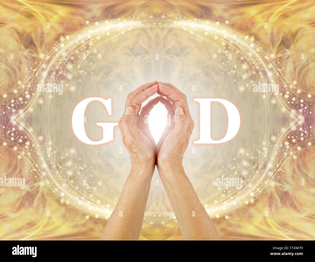 I am connected to All That Is - I am the Light - female hands making the O of GOD on a golden glittering border background Stock Photo