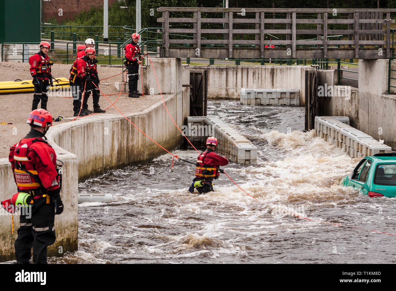 Humberside Fire and Rescue Service doing a river rescue training exercise at the Tees Barrage,Stockton-on-Tees,England,UK Stock Photo