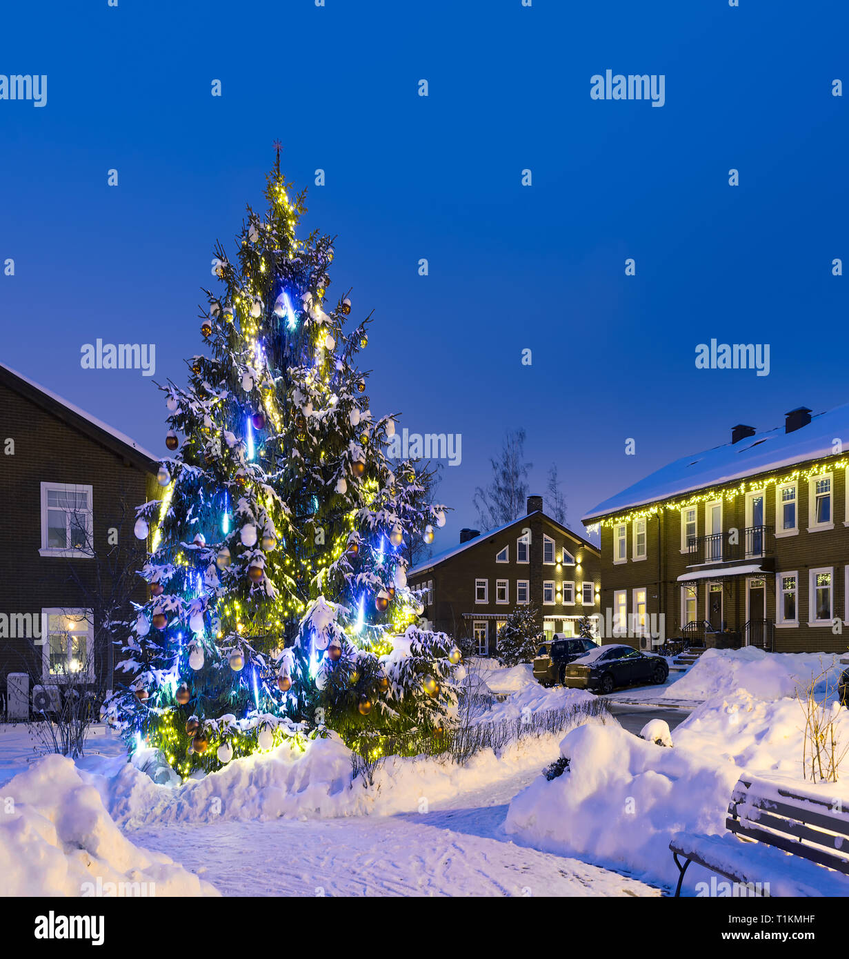 Christmas Tree With Bright Lights On The Street Near The Houses