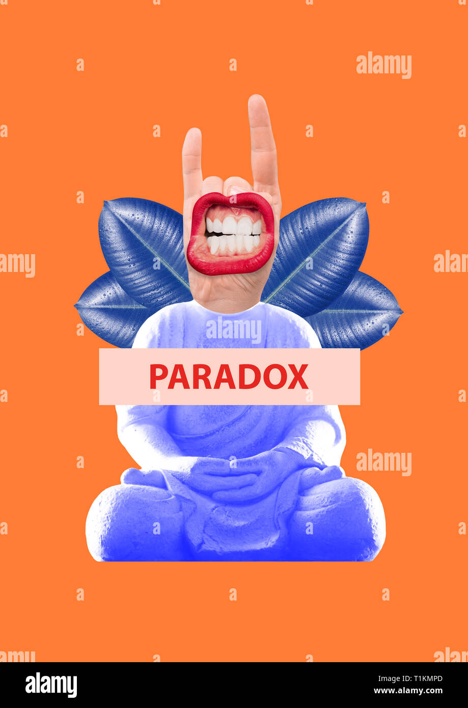 Paradox, calm and drive. Combine incompatible things for being bright. Buddha statue with head as sign of horns and big mouth with teeth screeching. Modern design. Contemporary art collage. Stock Photo