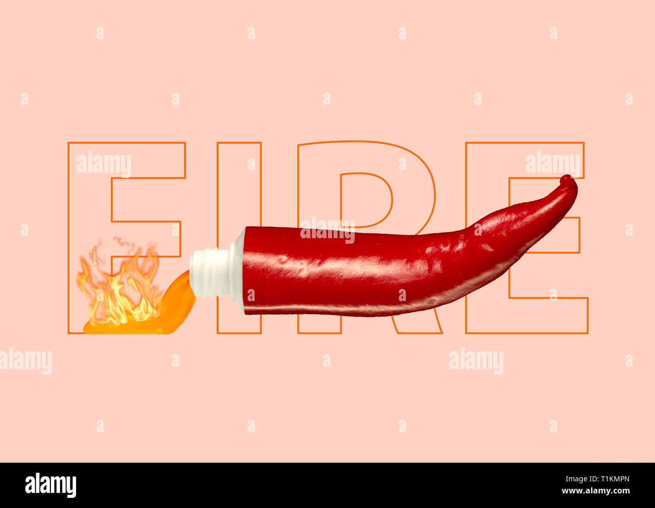 Seasoning hot chili sauce. Push and add fire to your bland days. Red pepper shaped tube with flaming waves against coral background. Modern design. Contemporary pop-art collage. Stock Photo