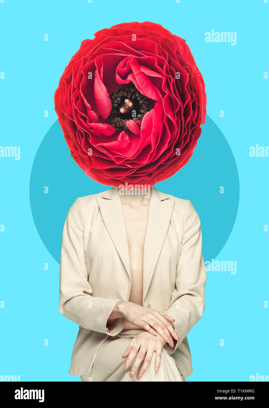 Femininity and clean thoughts. Young woman sitting in beige suit with blooming pink flower as a head against blue background. Modern design. Natural beauty concept. Contemporary pop-art collage. Stock Photo