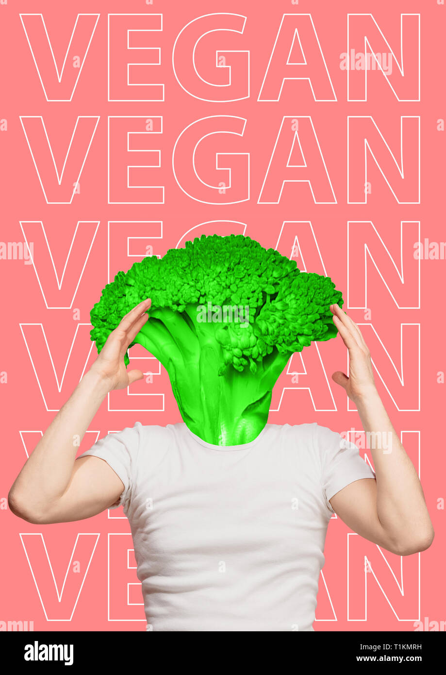 Vegan has only green thoughts. Surprised man in white short with green juicy broccoli as a head on trendy coral background. Healthy food and veganism concept. Modern design. Contemporary art collage. Stock Photo