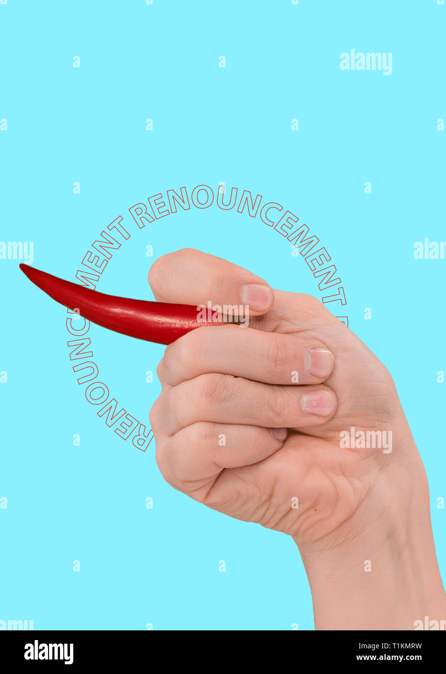 Renouncement. Heated arguments. Male hand with red hot chilli pepper as a thumb against blue background. Disagree with other opinions. Negative answer concept. Modern design. Contemporary art collage. Stock Photo