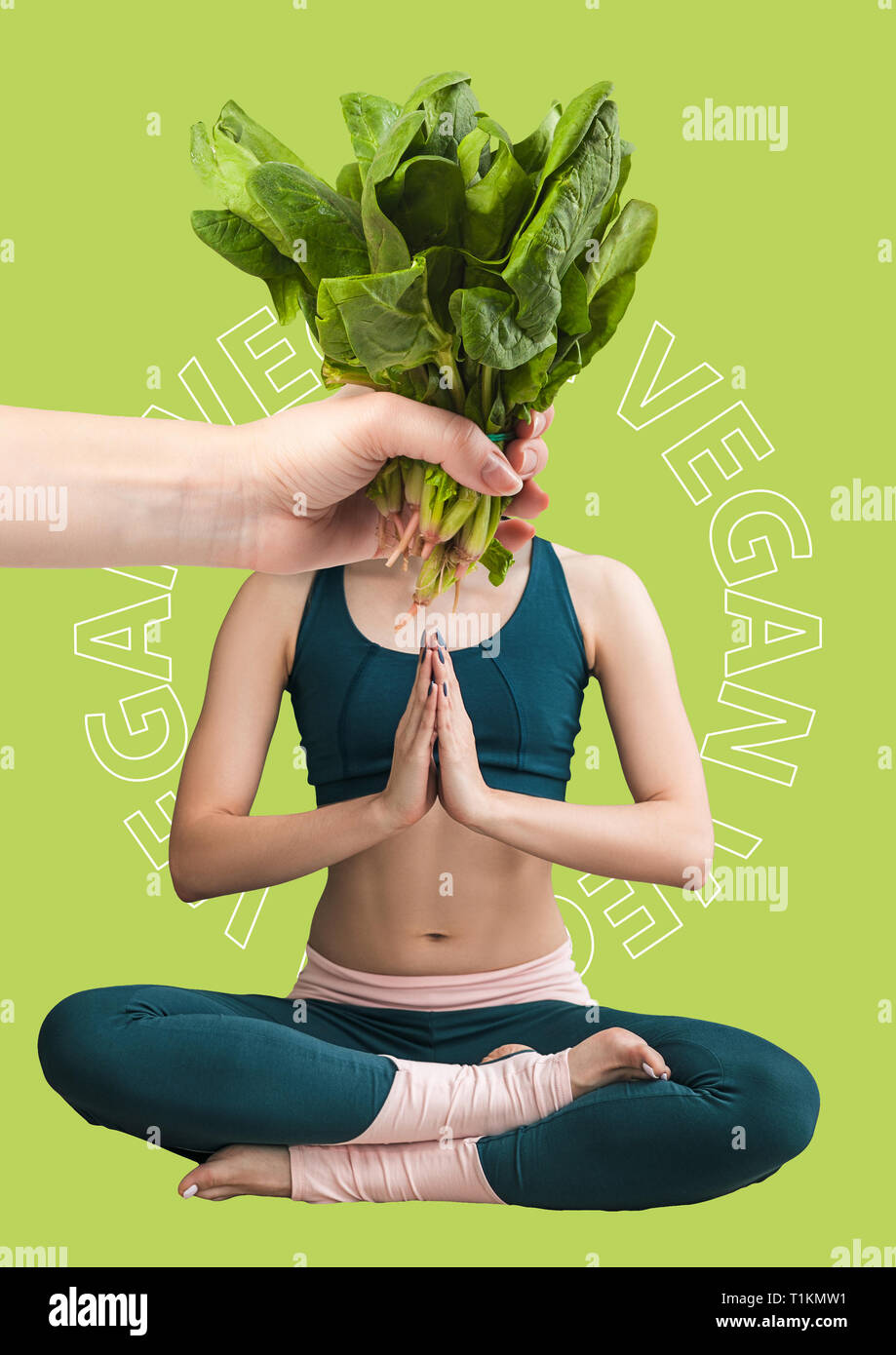 Green-head girl, natural curvy thoughts. Woman sitting in lotos position on the floor. Modern art collage, healthy and nature-friendly lifestyle concept. Diet, yoga, detox make her body wellness. Stock Photo