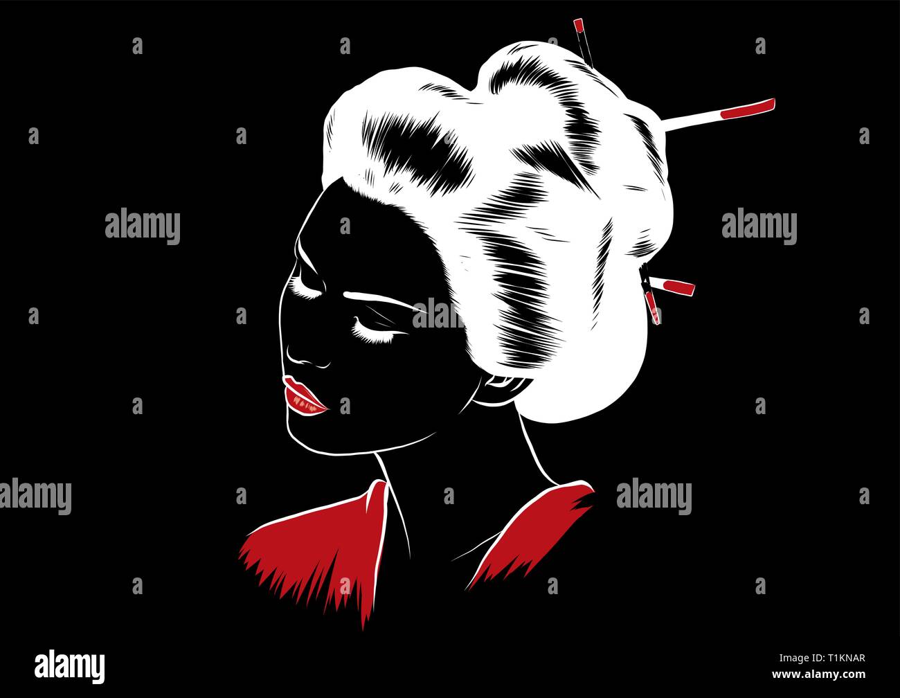 Beautiful Japanese Geisha Holds Red Fan Vector Illustration. Stock Vector