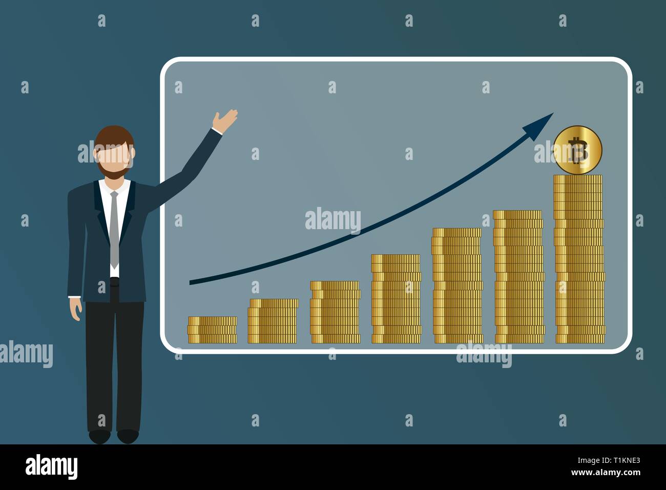 business man explains sales rising bitcoin market finance concept vector illustration EPS10 Stock Vector