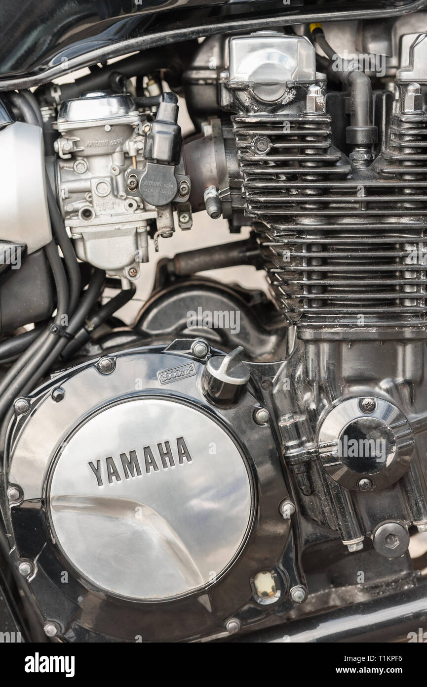 Hook, UK - January 1, 2019: Close-up of the engine on a classic Yamaha motorcycle in Hook, UK Stock Photo