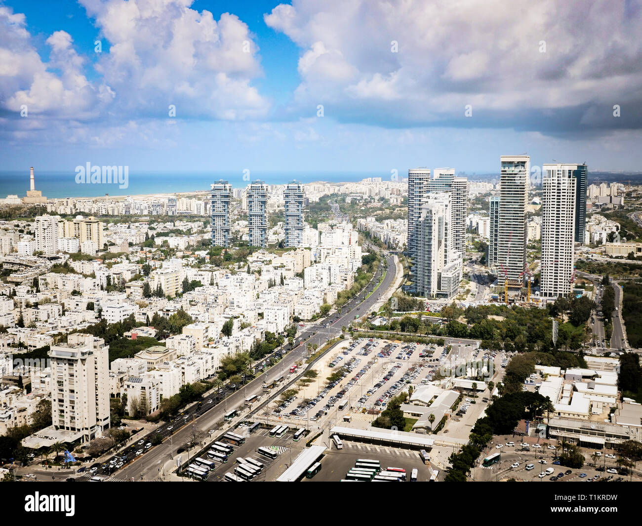 Aerial view of Tel-Aviv towards north with modern and old buildings and ...