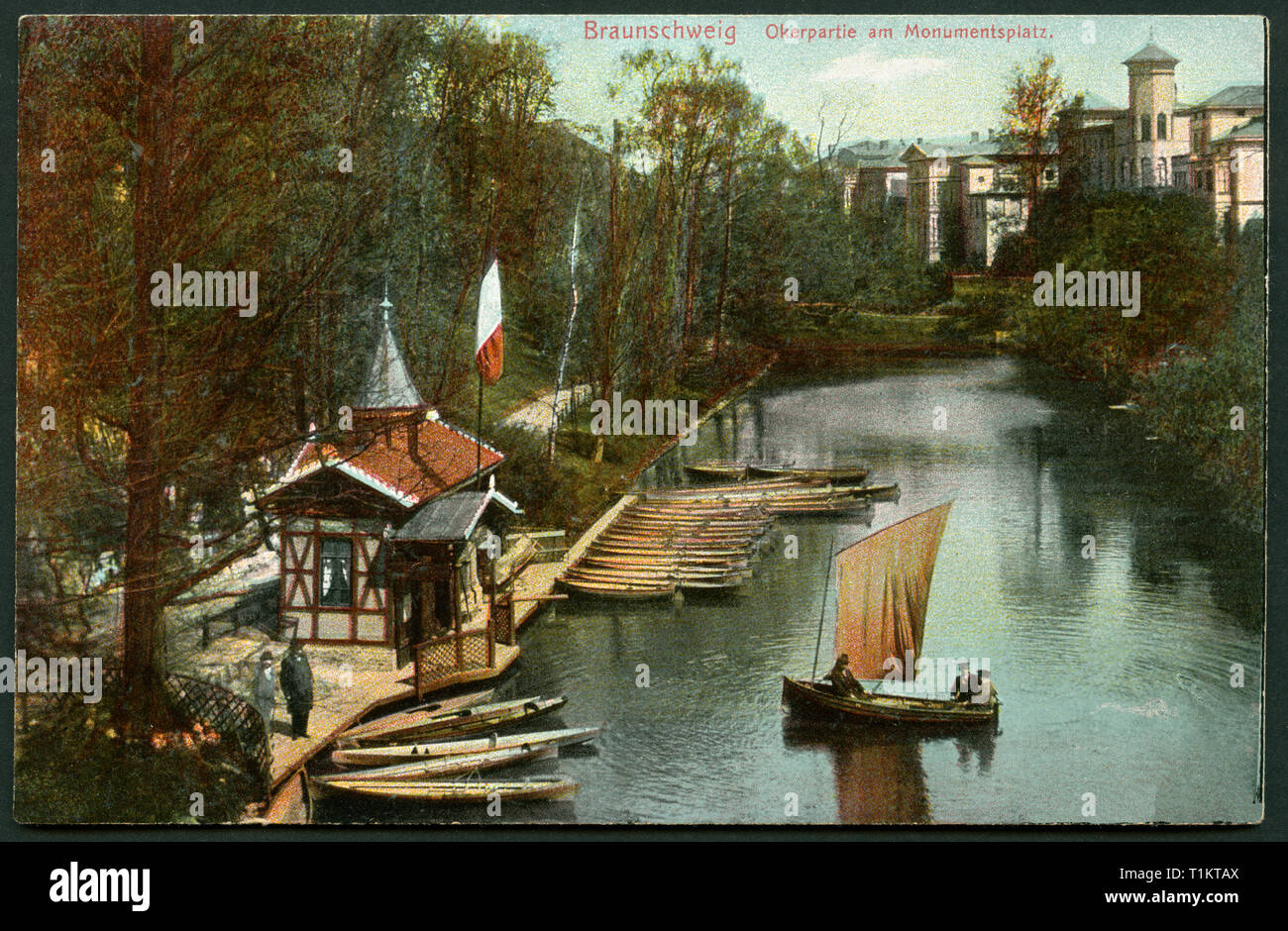 geography / travel, Germany, Lower Saxony, Brunswick, Oker river with rowing boats, postcard, sent 15.05.1909., Additional-Rights-Clearance-Info-Not-Available Stock Photo