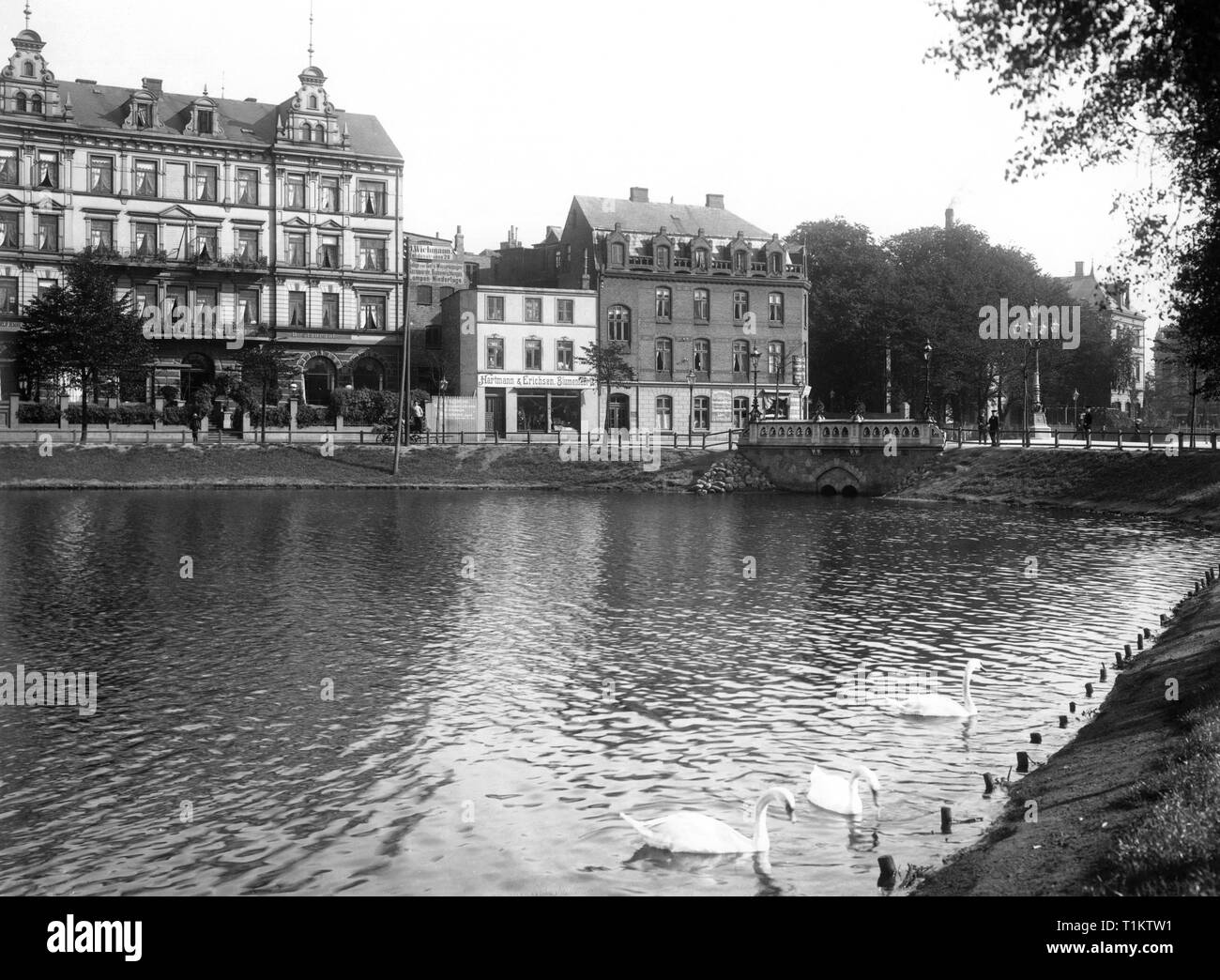 geography / travel, Germany, Schleswig-Holstein, Kiel, 'Am kleinen Kiel (little lake with swans), image from: 'Kiel, the most beautiful buildings, monuments and views etc.', published by ' Neue Photogr. Gesellschaft AG ' (New photographic company), Berlin / Steglitz, 1906., Additional-Rights-Clearance-Info-Not-Available Stock Photo
