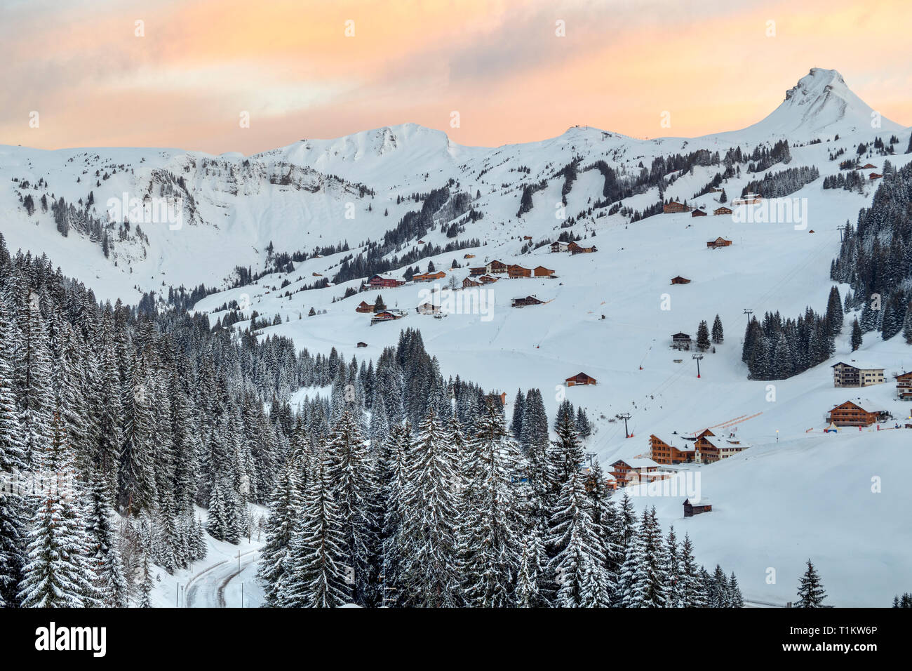 Austria, Biosphere Park Grosses Walsertal, Bregenz Forest Mountains, Damuls Mittagsspitze (2097 m) at dawn Stock Photo