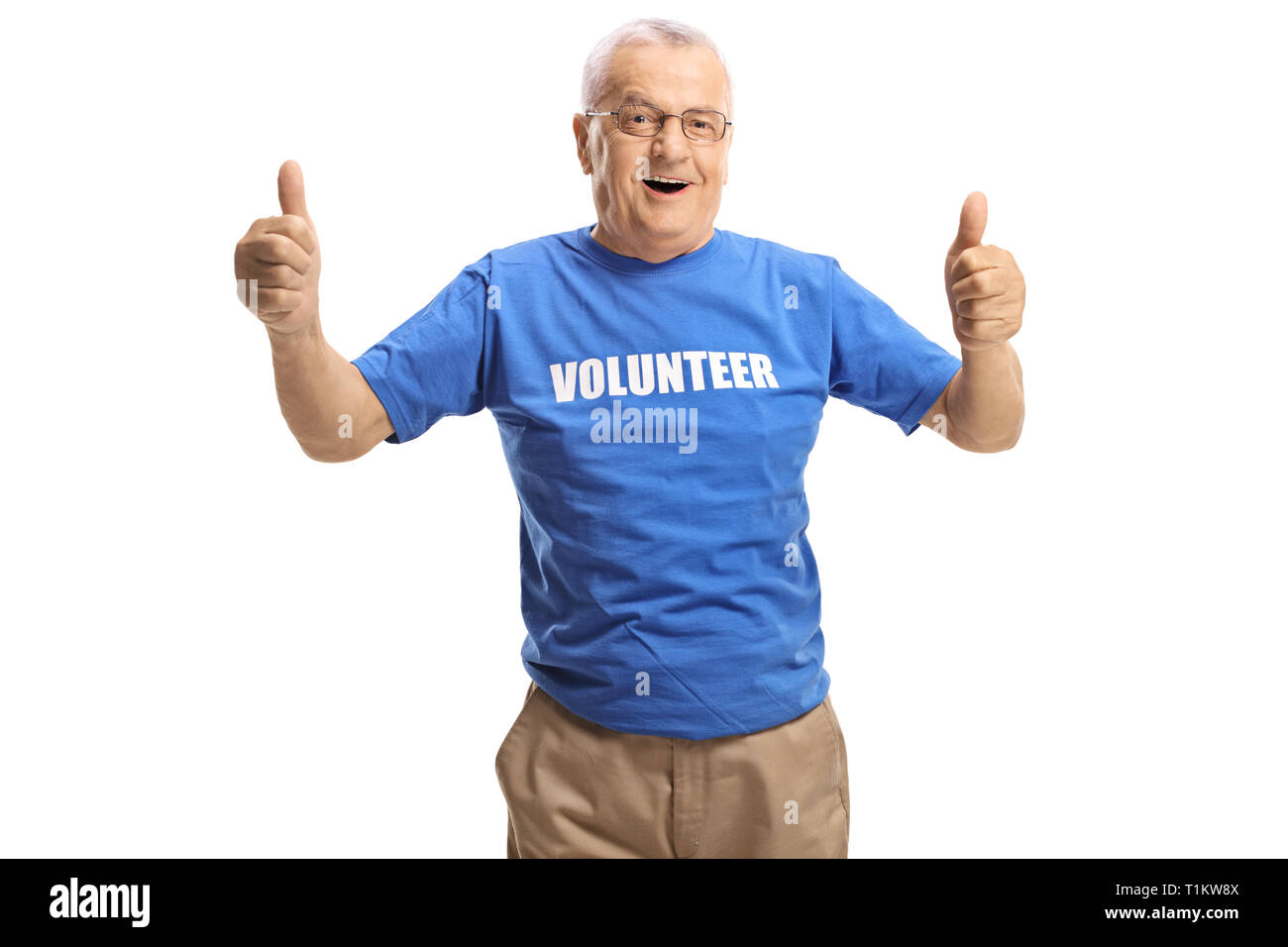 Cheerful mature male volunteer giving thumbs up isolated on white background Stock Photo