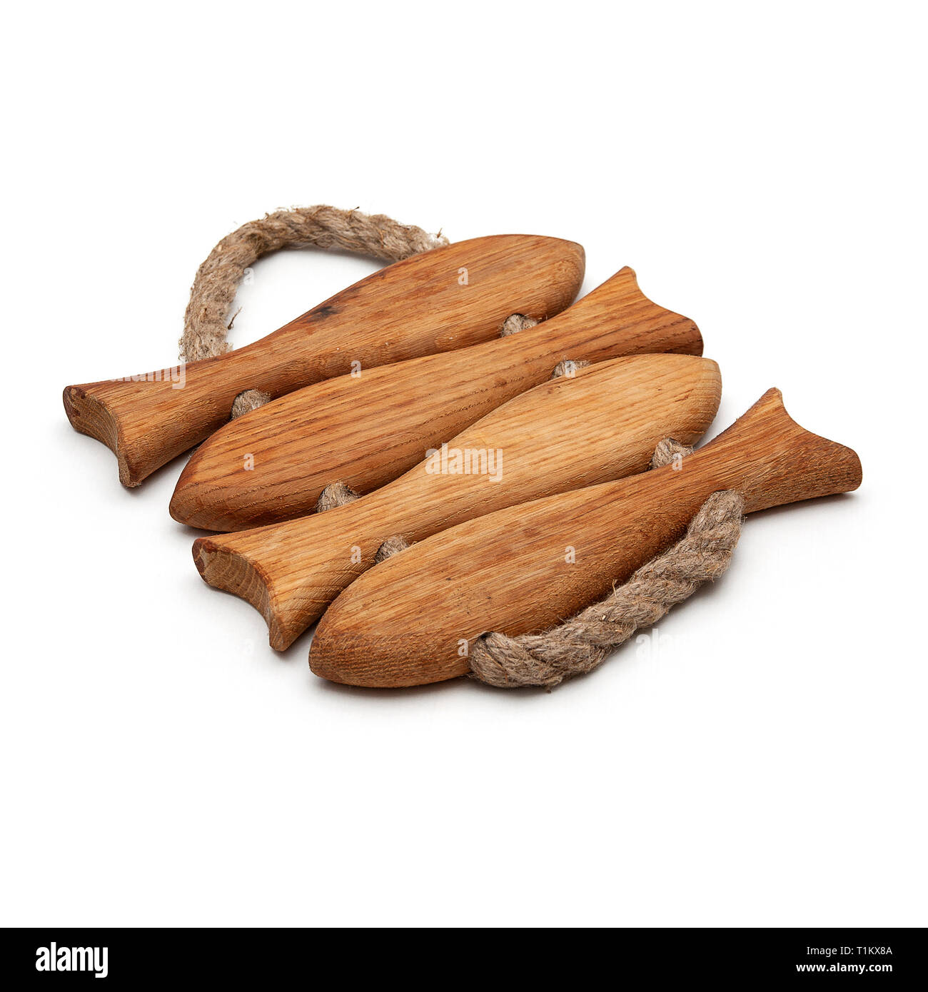 Original oak board with thick rope on white background Stock Photo