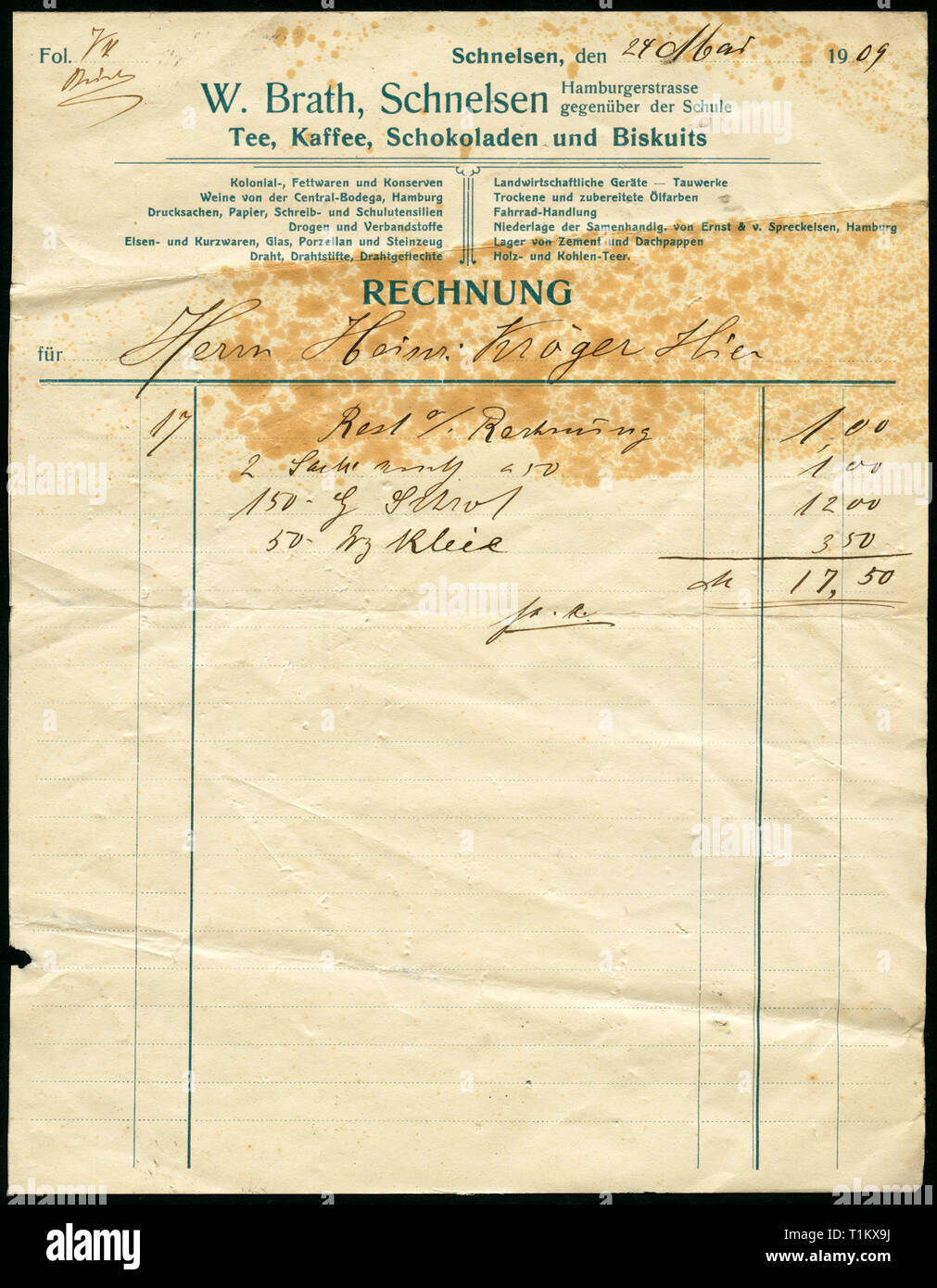trade, Germany, Hamburg, Schnelsen, invoice of the colonial product business W. Brath for Heinrich Kröger, 24.03.1909., Additional-Rights-Clearance-Info-Not-Available Stock Photo