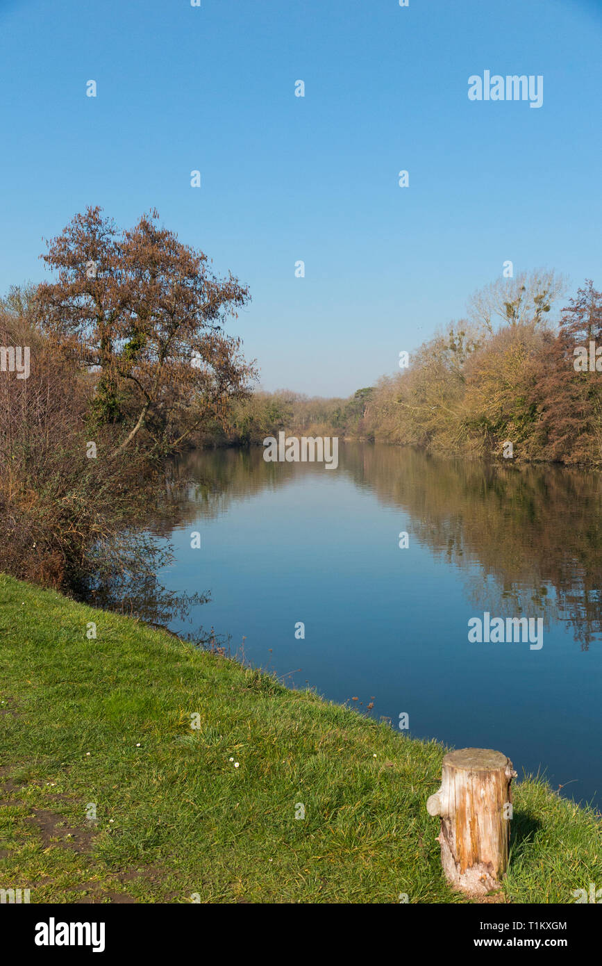 The River Thames and Runnymede meadow / flood plain on a bright winter day. Runnymede, Surrey. UK. (106) Stock Photo