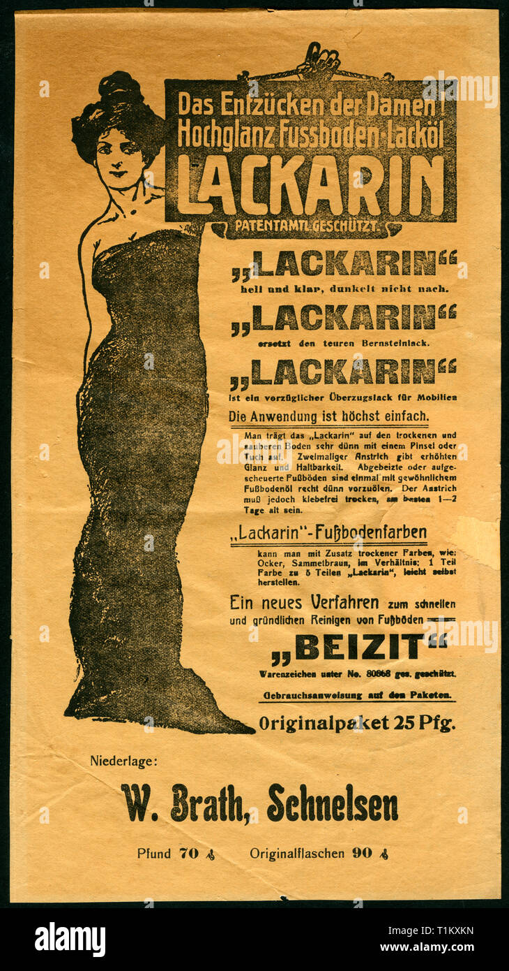 advertising, household, Germany, Hamburg, Schnelsen, colonial product business W. Brath, he offers floor lacquer ' Lackarin ' and the floor cleaning thing ' Beizit', an advertising paper, probably from the 1900-1920., Additional-Rights-Clearance-Info-Not-Available Stock Photo