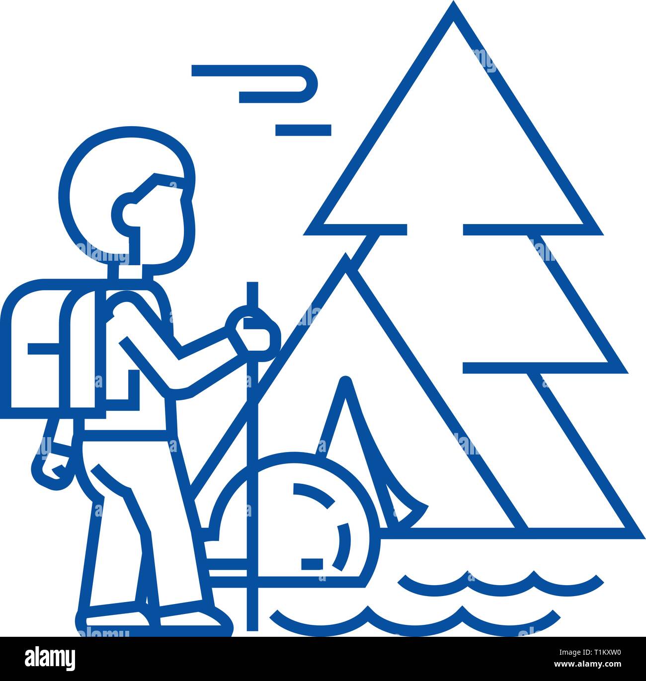 Traveller in forest,tourist hiking, tent line icon concept. Traveller in forest,tourist hiking, tent flat  vector symbol, sign, outline illustration. Stock Vector
