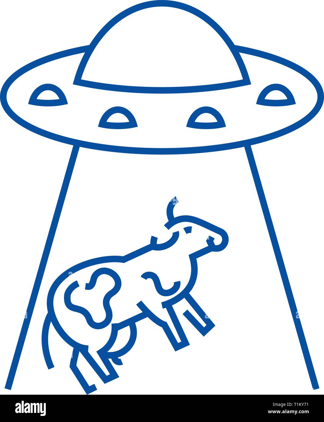 Ufo taking cow line icon concept. Ufo taking cow flat  vector symbol, sign, outline illustration. Stock Vector