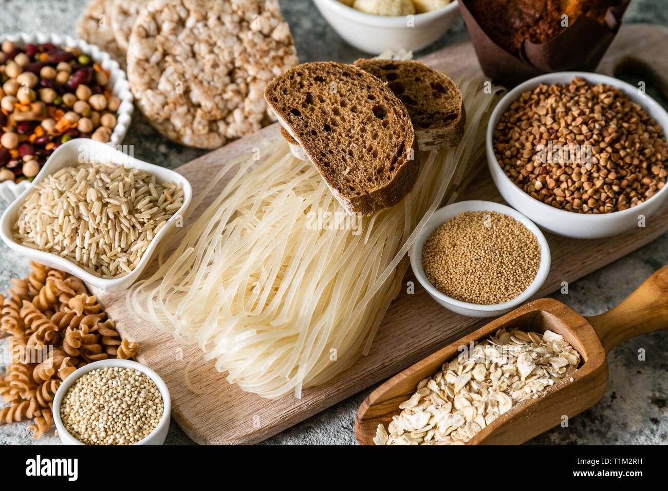 Gluten free diet concept - selection of grains and carbohydrates for people with gluten intolerance Stock Photo