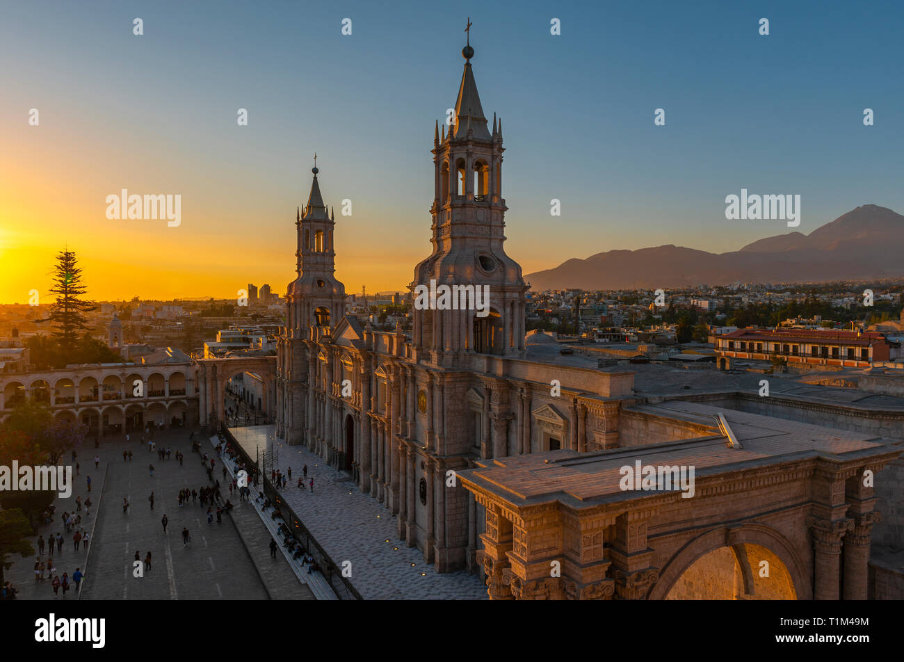 Cityscape of Arequipa with its Catholic Cathedral and Plaza de Armas main square in the Andes mountain range of Peru. Stock Photo