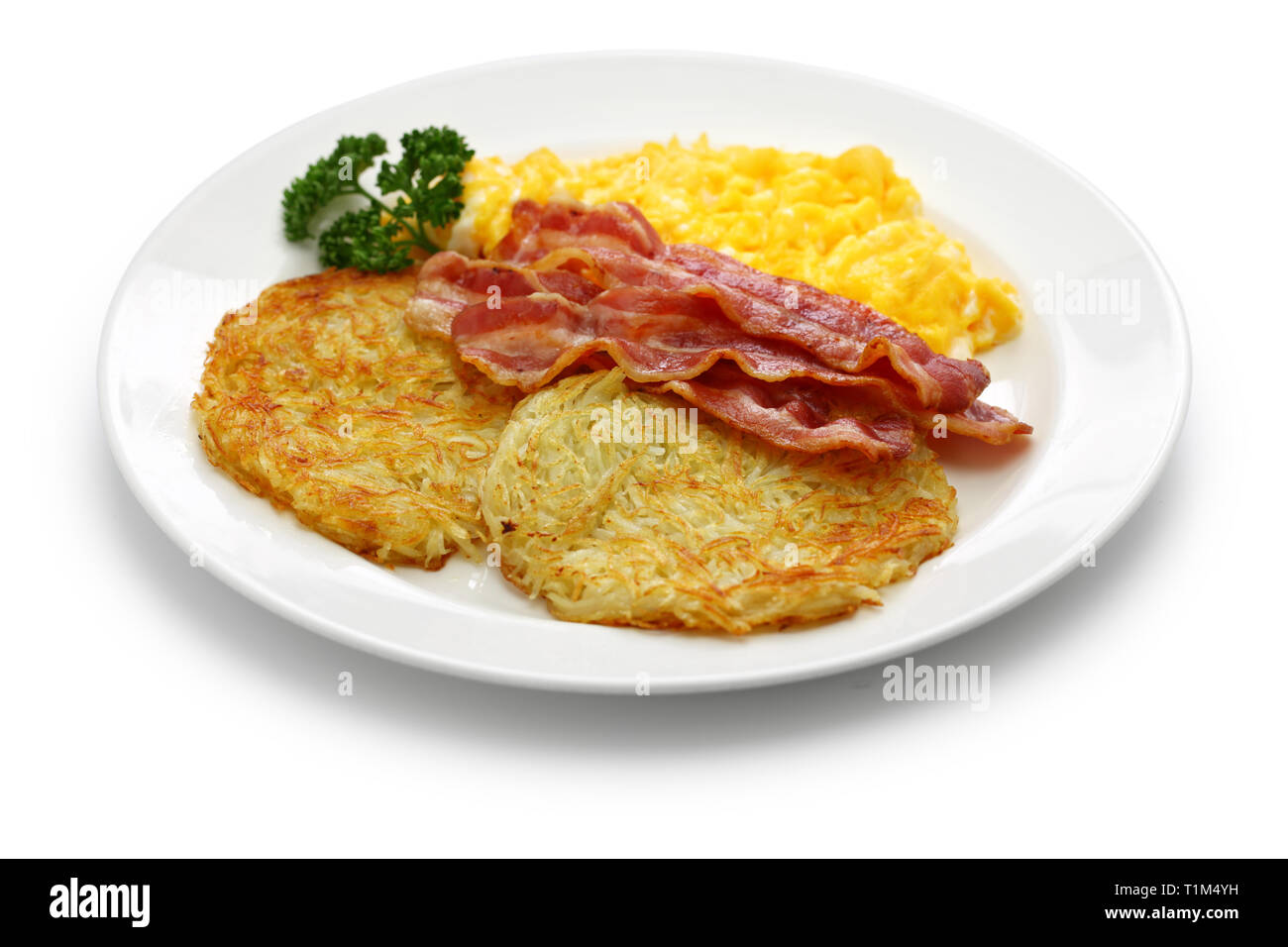 diner style hash browns, scrambled eggs and bacon Stock Photo Alamy