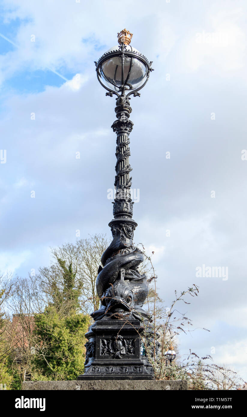 The decorative ironwork of a Victorian lamp post on Hornsey Lane Bridge, know as 'suicide bridge', over the A1 Archway Road in North London, UK Stock Photo