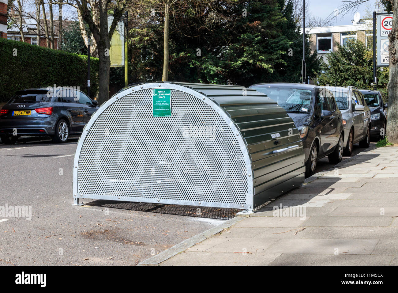 Cycle Hoop cycle storage hangars, installed by Islington Council in response to requests from residents for secure bicycle parking, London, UK Stock Photo