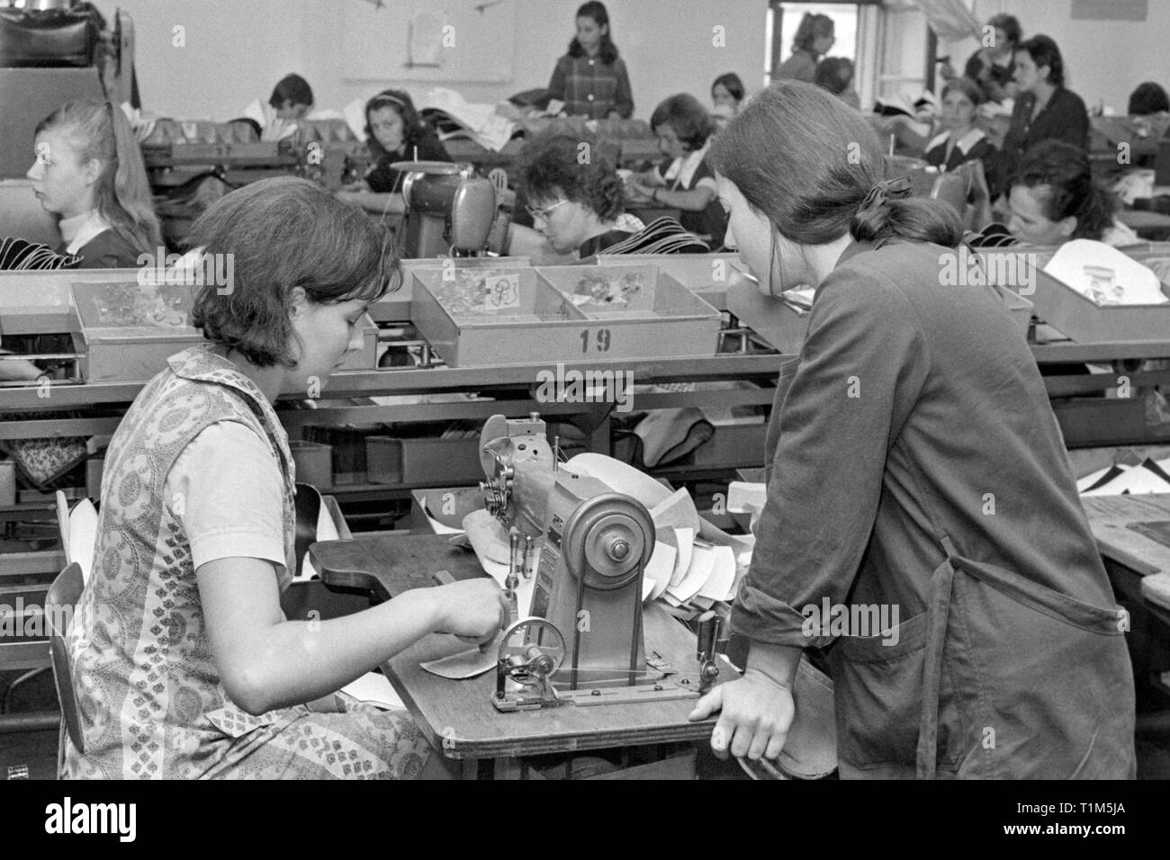 female workers operate sewing machines in a busy factory 1960s hungary Stock Photo