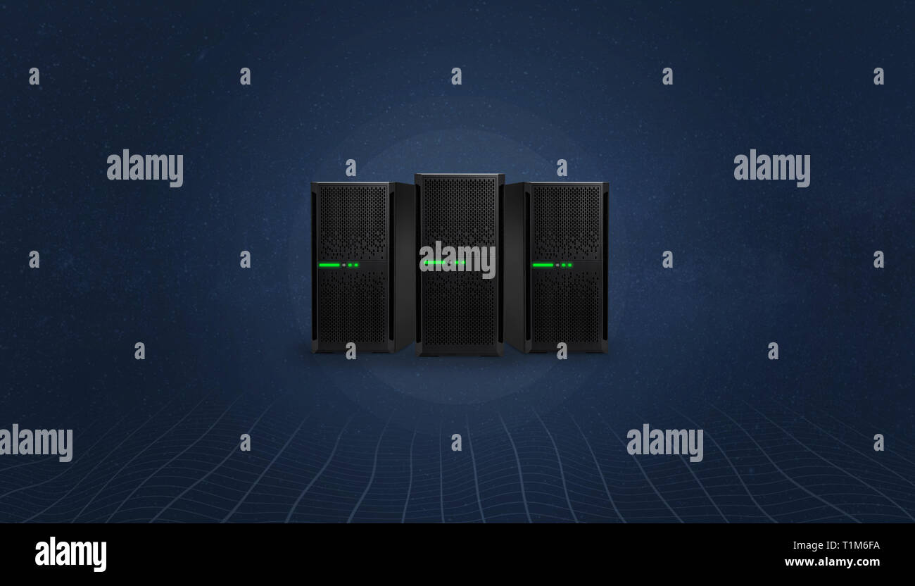 Web hosting servers concept on digital, abstract background with network threads at bottom. Stock Photo