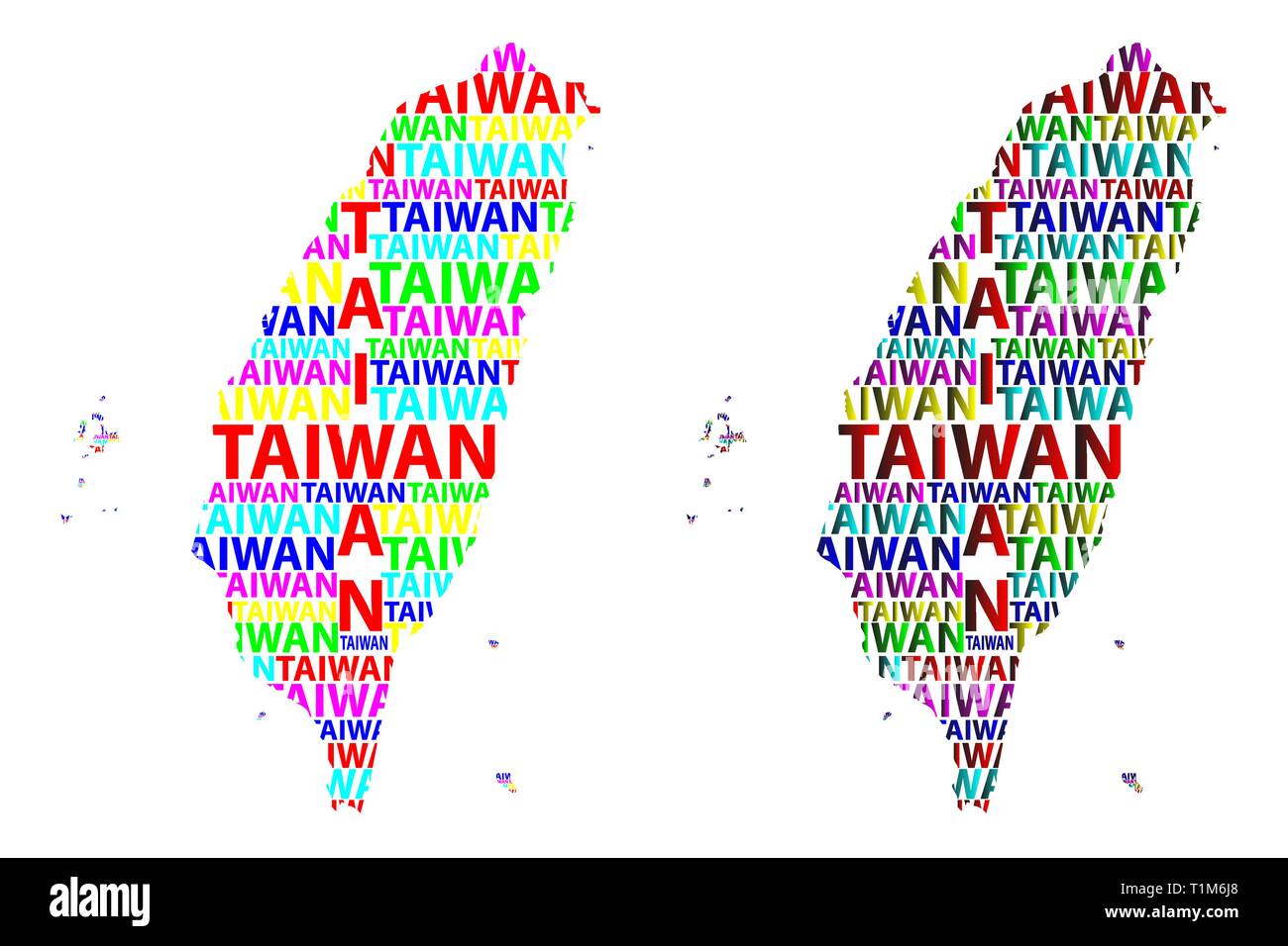 Sketch Taiwan letter text map, Republic of China (ROC) - in the shape of the continent, Map Taiwan - color vector illustration Stock Vector