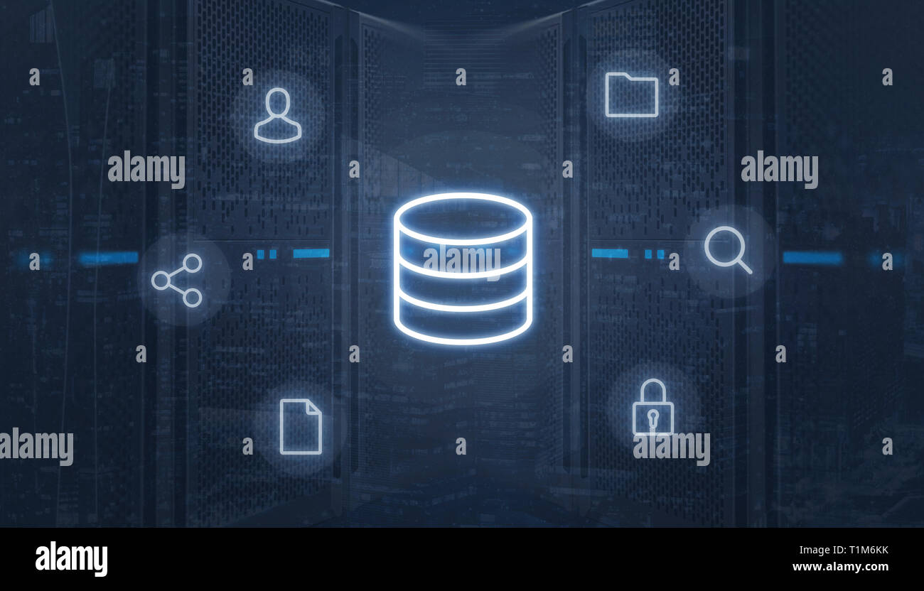 Data center icon surrounded with online services icons. Concept of web hosting center business systems. Stock Photo