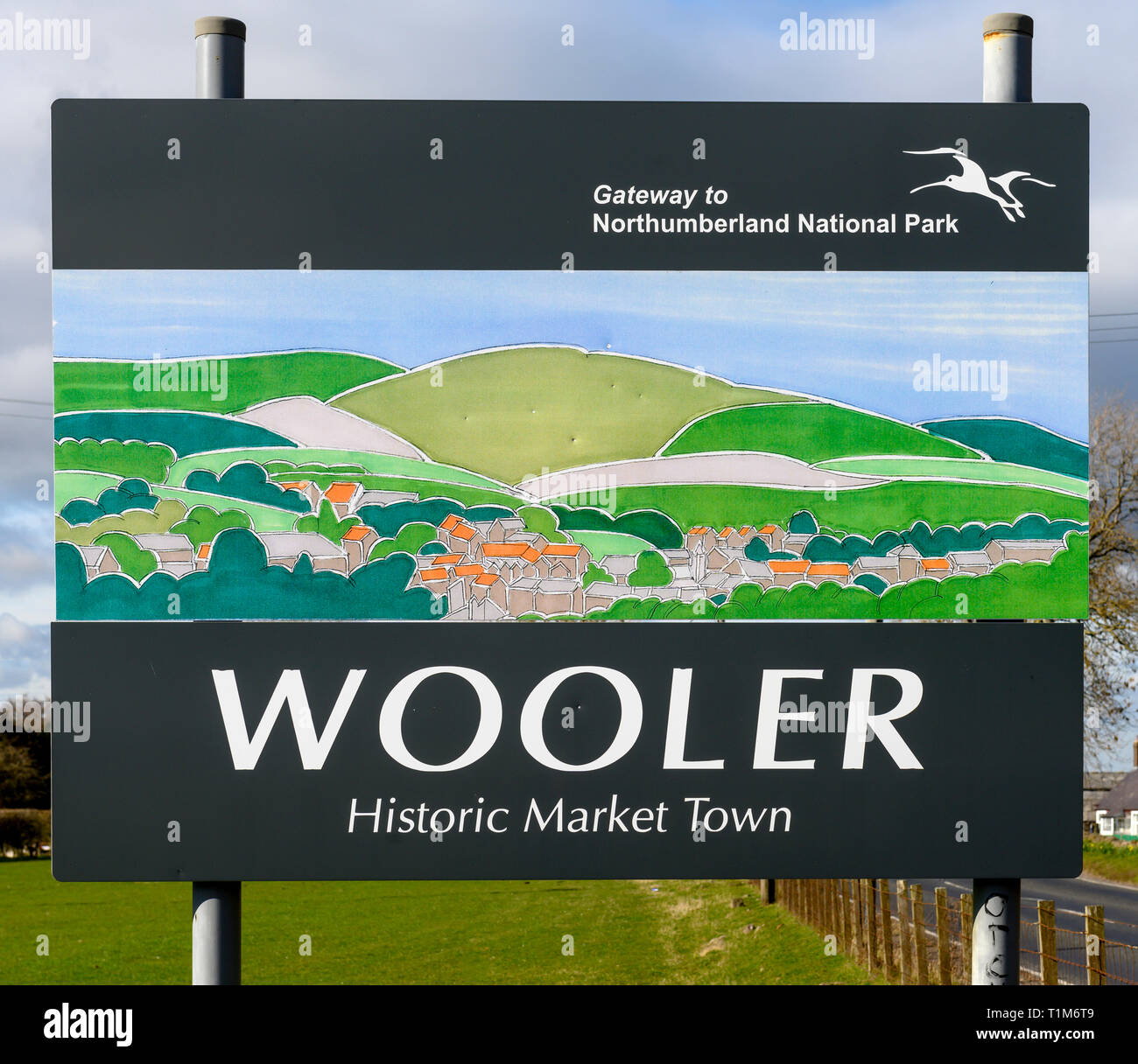to Wooler historic market town sign, Wooler, Northumberland