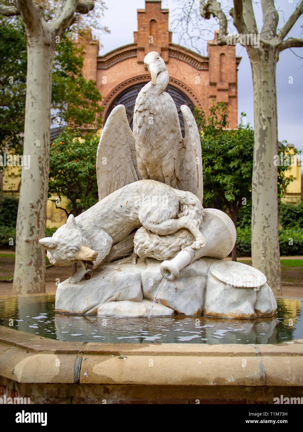 The 1884 fountain The Fox and the Stork (The Fox and the Crane, Fuente de la ciguena y la zorra) designed by Catalan sculptor Eduard Batiste Alentorn  Stock Photo