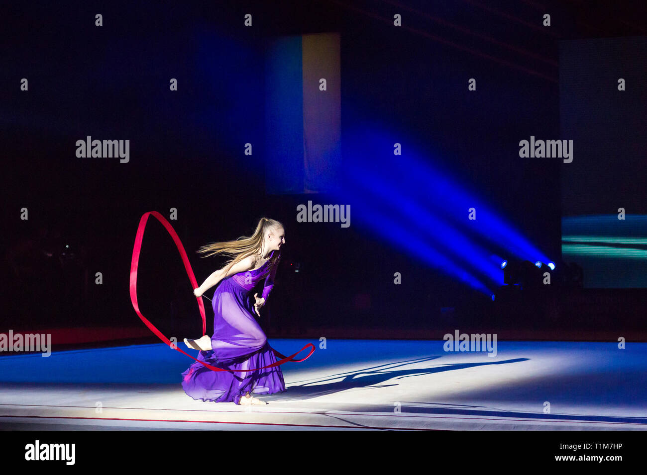 KYIV, UKRAINE - MARCH 17, 2019:  Participant performs at gala concert of Deriugina Cup Grand Prix (Rhythmic Gymnastics International Tournament) Stock Photo