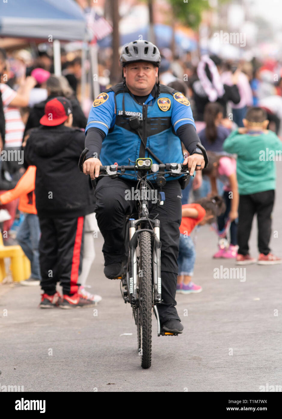 Police officer on a bicycle patrols street during the annual Washington's Birthday Celebration parade in downtown Laredo, Texas, USA. Stock Photo