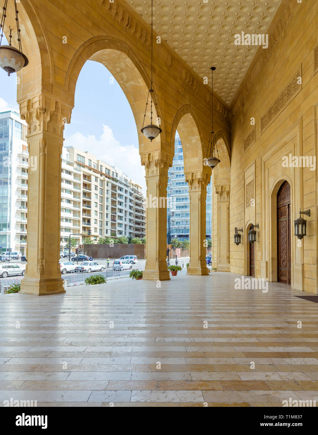 BEIRUT, LEBANON - 1 Apr 2017: The entrance hall of Al Amine mosque in Beirut, Lebanon. The mosque is a new monumental addition to the rebuilt city cen Stock Photo