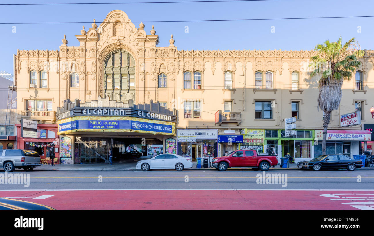 SAN FRANCISCO, USA - 10 Jul 2018: the Mexican Baroque facade of El Capitan hotel is the only surviving piece of this early 20th century accomodation i Stock Photo